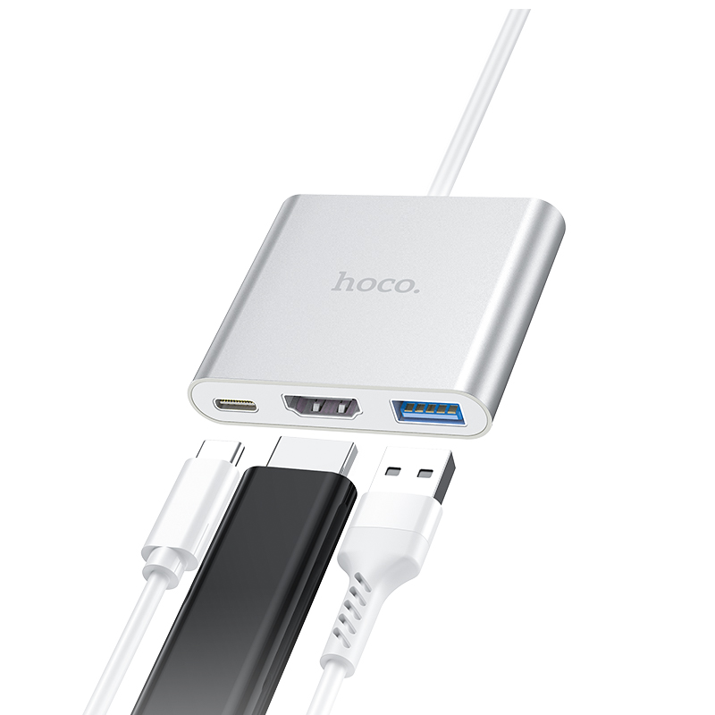 Hoco 3in1 USB-C adapter to (USB 3.0 + HDTV + USB-C-PD) HB14 - Silver